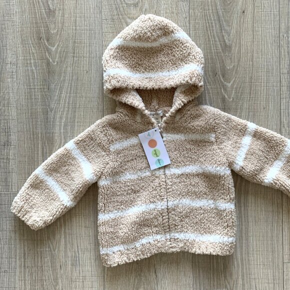 Angel Dear Chenille Hooded Jacket Full Zip Hoodie Beige Stripe Baby 12 M - Picture 1 of 5